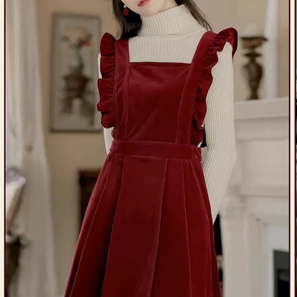 UNBRANDED Dresses & Skirts - Frilly Velvet Apron‎ Pinafore Dress-Burgundy Red-XS/S
